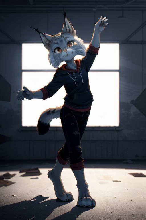 silhouette_shot, backlighting, dynamic_pose,
<lora:Nooshy:0.8> lynx, nooshy, furry, (dancing:1.1) in an abandoned factory,
