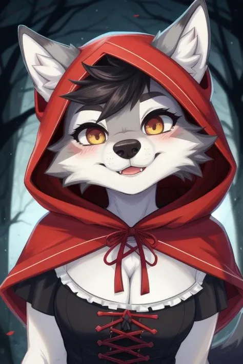 1girl, wolf_girl, little_red_riding_hood, <lora:edgLittleRedHoodie:0.8>, boopable_snoot,