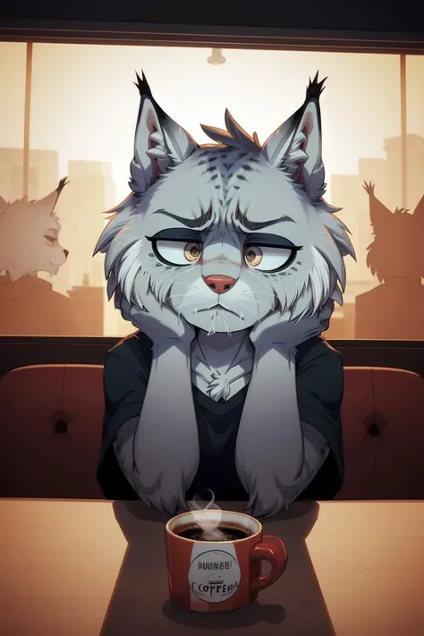 silhouette_shot, backlighting, dynamic_pose,
<lora:Nooshy:0.8> lynx, nooshy, furry, tired_eyes, scowl, exhausted, drinking_coffee in the booth of a diner, hand on head,
"Ugh. Fuck off."