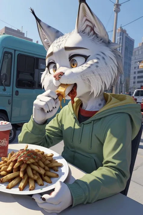 dynamic_pose, line_of_action,
<lora:Nooshy:0.8> lynx, nooshy, furry, eating delicious_fried_Poutine next to a food_truck in Toronto,
"What? It's my cheat day."