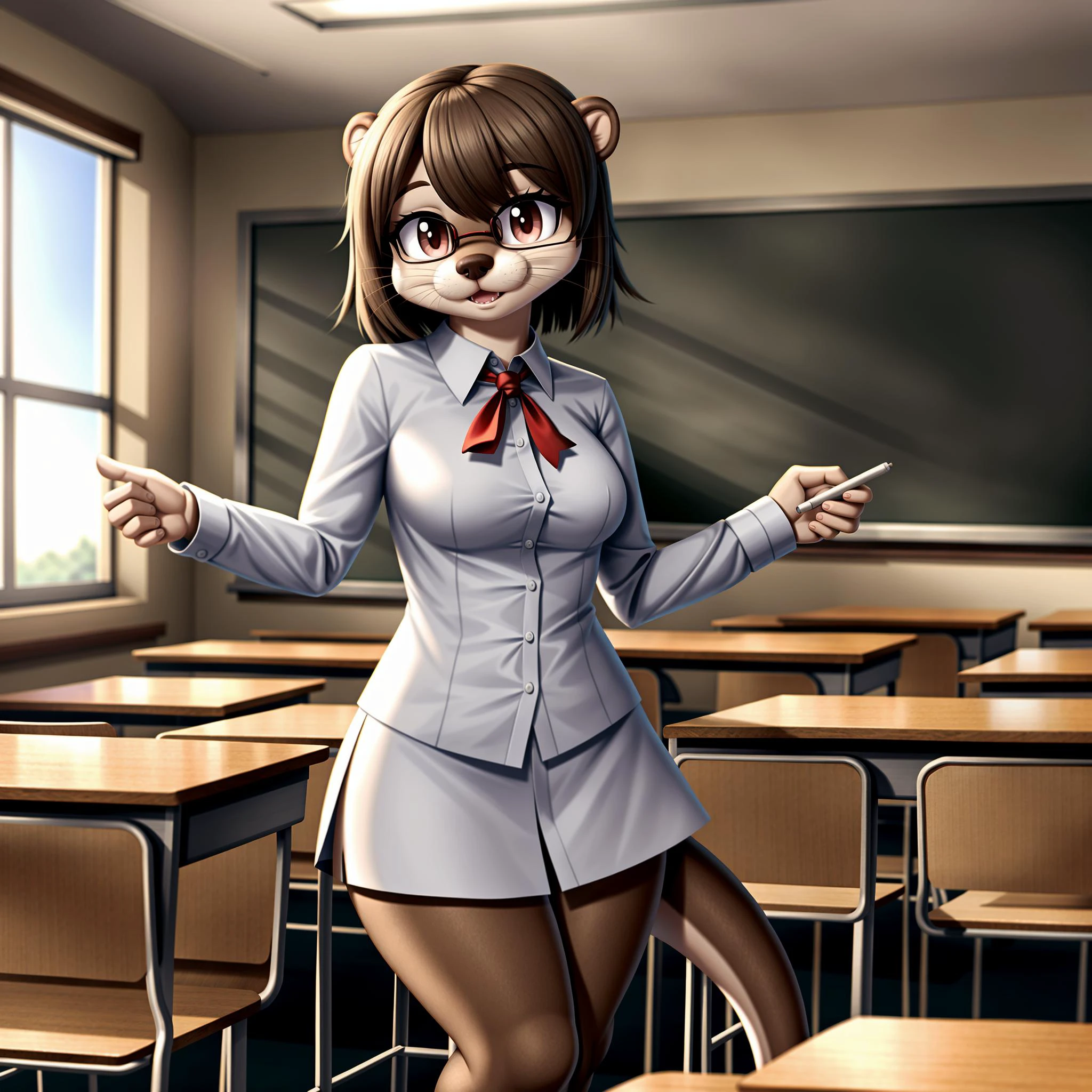 UHD 8k, HDR+, solo, cute female otter, intricately detailed, school_teacher, classroom, <lora:shortstackBT:0.8> shortstackbt