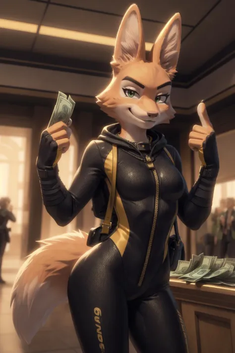 diane foxington, female, fox, orange fur, green eyes,single [eyebrow piercing], clothed, solo,(black (bodysuit:1.1) with yellow trim and black wraps:1.0), zipper, hood, clothing, sexy, curvy, fingerless gloves, smirk, shoulder bag, bank, vault, money dollar bills, gold bars, sexy, curvy, smirk, 4 fingers, <lora:diane foxington v6.2-000004:1>