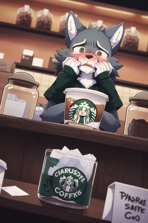 dynamic_angle, foreground: tip_jar_filled with condoms,
1girl, adorable wolf_girl, Starbucks_barista, hands under chin, howling, (embarrassed|disgusted|sad)
"Nooo! You're not a'posta put comdoms in the tip jar! Awooo!", ð,