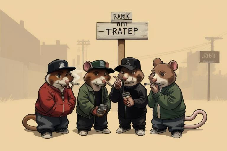 a gang of cute hamster_gangstas, (contemptuous:0.7), mocking, telling you to mind your own business and move along there's nothing to see here, smoking, drinking, <lora:gtasanandreas-style-richy-v1:0.7>