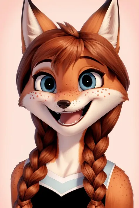 1girl, solo, red_fox_girl, <lora:annaV2:0.8> anna, 1girl, blue eyes, freckles, twin braids, orange hair, red_fur, gleeful, (closed_eyes:0.4), happy, laughing,