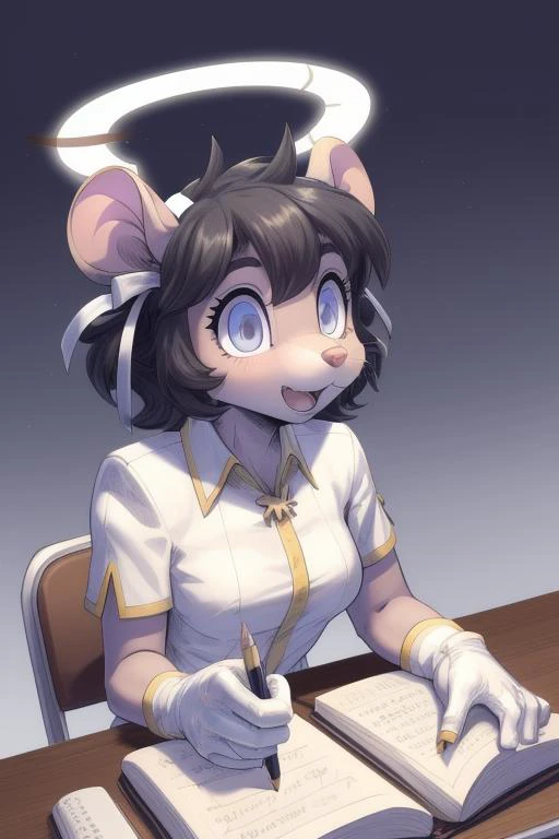 1girl, mouse_girl, <lora:helltaker_azazel-12:0.9> htazazel, halo, hair ribbon, white gloves, angel, eagerly_taking_notes_in_a_handheld_notebook, pencil, fascinated_expression, leaning forward,
