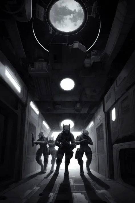 (line_of_action:0.6), (dynamic_composition:0.6),
front view of a (small group:1.2) of futuristic soldiers with guns exploring a derelict space station, flashlight, dark, sci-fi, atmospheric, tense, claustrophobic, shadows, eerie