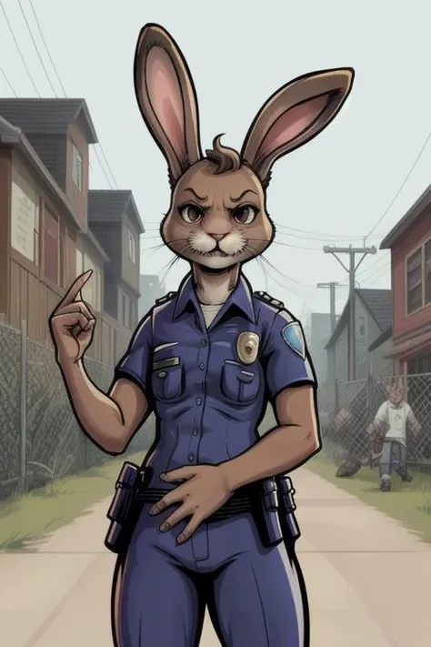 a cute bunny_rabbit cop, (contemptuous:0.7), stern, telling you to mind your own business and move along there's nothing to see here, riot of shrews in the background, <lora:gtasanandreas-style-richy-v1:0.7>