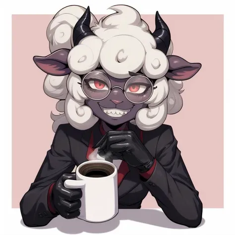 <lora:helltaker_pandemonica-12:0.7>, 1girl, sheep_girl, htpandemonica, demon girl, glasses, black gloves,, sadistic_grin, round eyewear, coffee mug