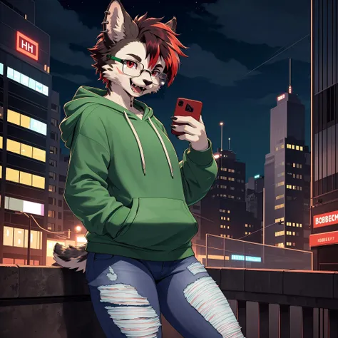 UHD 8k, HDR+, solo (female) bobcat wearing a (green_hoodie) and ripped jeans and glasses, city at night, (bobtail_visible:1.3), short sidecut haircut with red highlights, fangs, phone, piercings