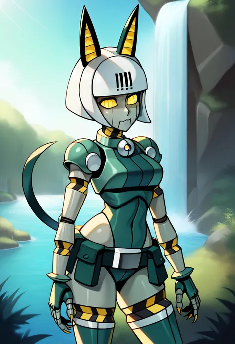 score_9, robo-fortune, 1girl, solo, yellow eyes, no humans, android, robot, robot joints, joints, humanoid robot, colored skin, bell, bob cut, short hair, white hair, tail, cat ears, pouch, claws, belt pouch, looking at viewer, medium breasts, outdoors, nature, waterfall <lora:Miss-robo-Fortune:0.8>