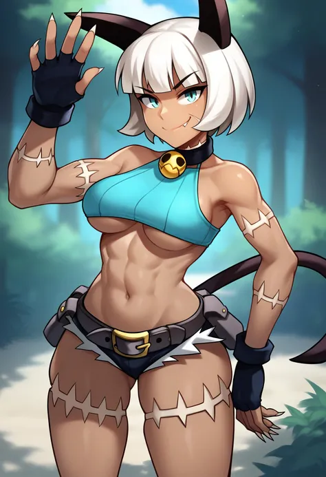 score_9, miss-fortune, 1girl, solo, crop top, underboob, animal ears, tail, scar, bell, short hair, dark skin, white hair, dark-skinned female, smile, bob cut, medium breasts, shorts, looking at viewer, smirk, fang, gloves, outdoors <lora:Miss-robo-Fortune:0.8>