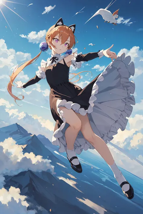 (masterpiece, top quality, best quality, official art, beautiful and aesthetic:1.2), (1girl:1.3), (fractal art:1.3), solo, <lora:artkoikoi_Alisa_Southerncross_v2:0.8>, alisa_southerncross, long hair, hair ornament, twintails, hair bobbles, orange hair, purple eyes, hair between eyes, fake animal ears, black animal ears, tsurime, low twintails, pink eyes, ((princess dress)), black dress, (frills), full body, wind, long dress, clouds in the background, ((falling from sky)), (flying), (in the clouds)