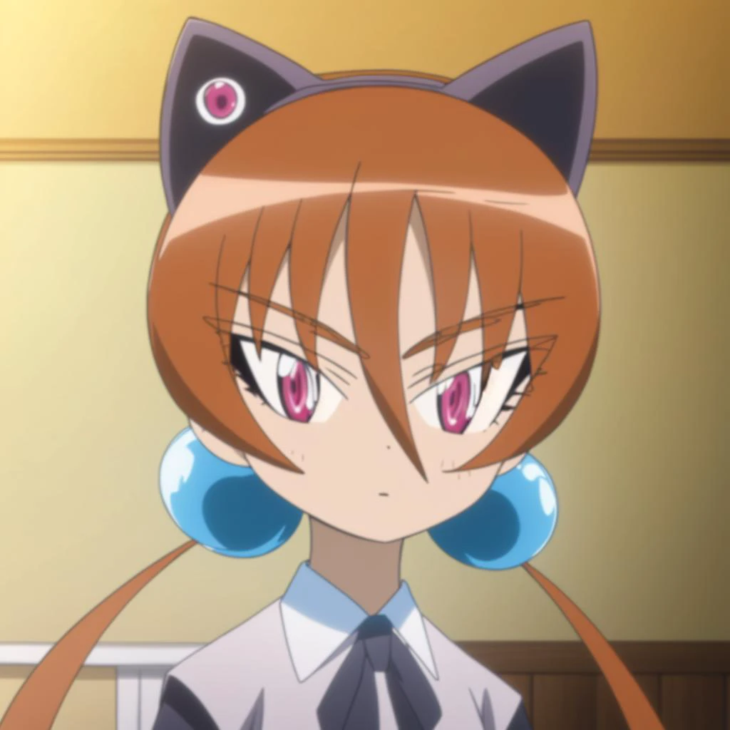 (masterpiece), (best quality), <lora:artkoikoi_Alisa_Southerncross_v2:1>, alisa_southerncross, long hair, hair ornament, twintails, hair bobbles, orange hair, purple eyes, hair between eyes, looking at viewer, fake animal ears, black animal ears, tsurime, low twintails, pink eyes