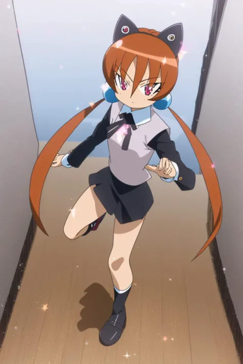 (masterpiece), (best quality), 1girl, solo, <lora:artkoikoi_Alisa_Southerncross_v2:1>, alisa_southerncross, long hair, hair ornament, twintails, hair bobbles, orange hair, purple eyes, hair between eyes, looking at viewer, fake animal ears, black animal ears, tsurime, low twintails, pink eyes, fullbody
