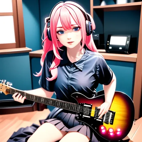 ((masterpiece,best quality))1girl, solo, black skirt, blue eyes, electric guitar, guitar, headphones, holding, holding plectrum, instrument, long hair, , music, one side up, pink hair, playing guiter, pleated skirt, black shirt, indoors