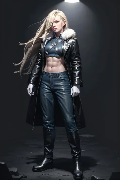 (8k, RAW photo, best quality, masterpiece:1.4), colorful, hyper detail, particles, depth of field, portrait, [sketch], volumetric light, ((atmospheric light)), wide angle, flawless face, flawless skin,
<lora:Olivier Mira Armstrong v1_1:0.7>, (hair over one eye:1.2), blonde hair, long hair, lips, blue coat, jacket, military uniform, white gloves, boots, military pants, <lora:crop_top_clothing:0.4>, crop top, abs, toned, lunar base, heavy rain, raining, standing, facing away[::1], serious, stoic, angry, full body, 
<lora:add_detail:0.3>, <lora:epiNoiseoffset_v2:0.4>, <lora:LowRA:0.4>