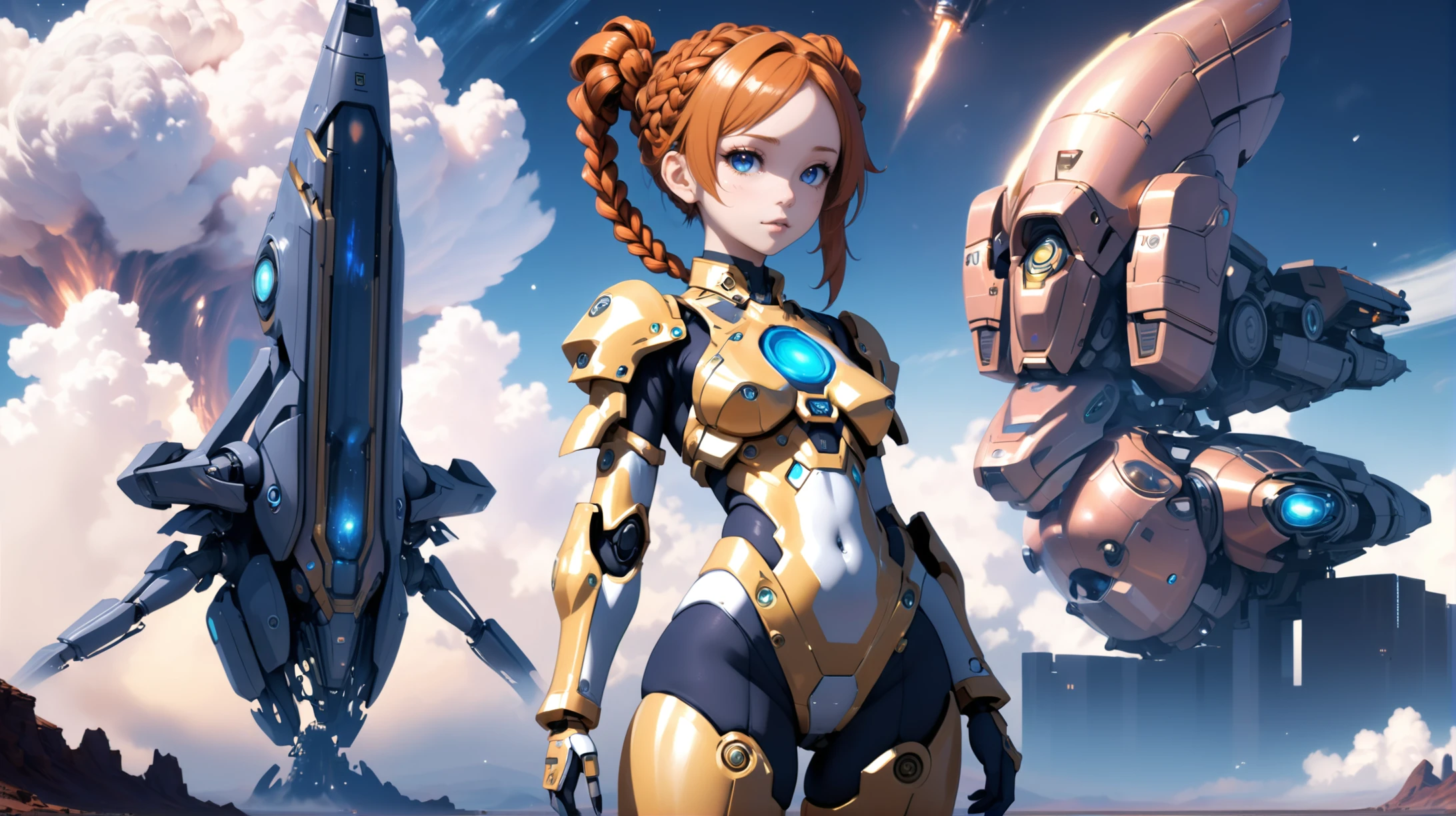anime style, 1girl, woman, scifi, magitech,nano-eden,retro-futuristic, mecha engineer, full body, wearing power armor, bombshell hair, glowing copper hair, Goddess Braids, slim figure, narrow waist, tight ass, small breasts, caucasian, (golden hour, blue sky, clouds, scenery, "at the Interstellar Nebula":1)
