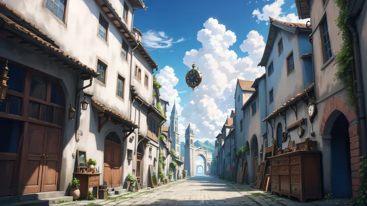 anime style, noon, blue sky, clouds, scenery, Pre-Raphaelite Clockmaker's workshop in a alley