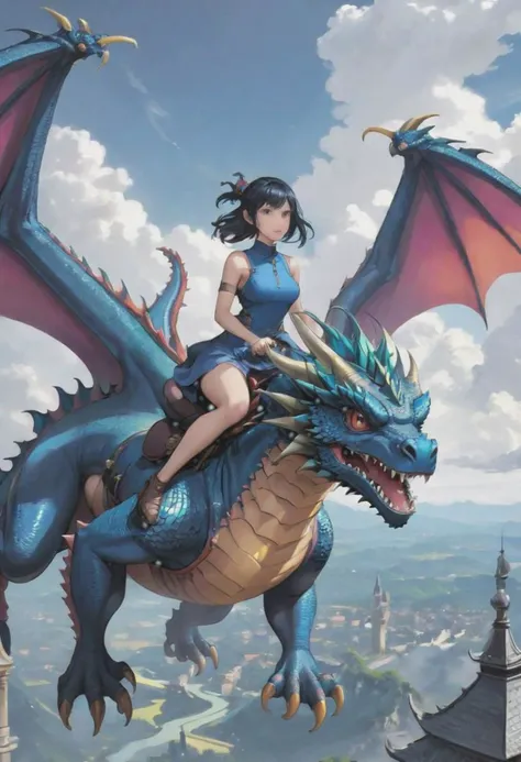(best quality, masterpiece, perfect face, perfect body, colorful, dynamic angle, highest detailed face, full body photo), 1girl, fake body, riding a blue dragon in the sky, (official art, extreme detailed, highest detailed)