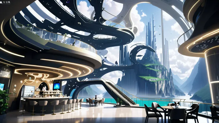 anime style, ultimate cat cafe in a utopian,great scifi cliffside megastructure outside of the multiverse, masterpiece