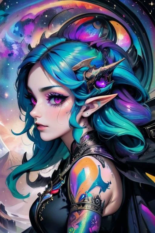 ColorART, colorful, (gothic elf girl: 1.3), eyeliner, makeup, tattoos, two colored hair, detailed background, nebula, intricate details, masterpiece, realism, photography (perfect face: 1.2) <lora:ColorART:1> ColorART, colorful