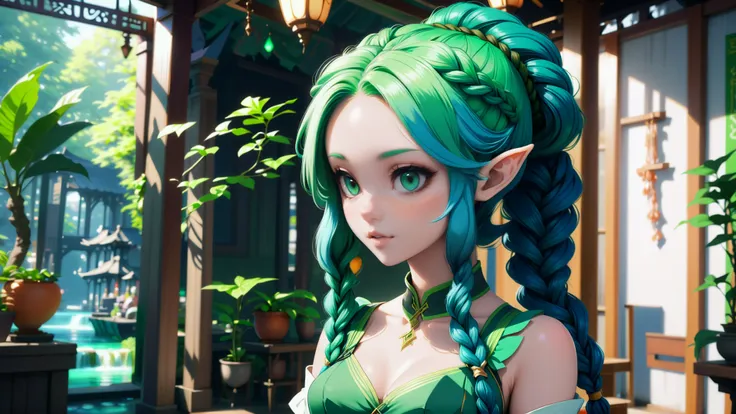 anime style, cinematic, 1girl, woman, wizard, elf, blue-green hair with forest green highlights, Half Up Fishtail Braid,side ponytail, (full body:0), [:creative costume design:0.2], bombshell hair, pastel ginger hair, Pompadour, average figure, (african, dark skin:0.6), (natural sunlight, interior, in a Odorless Floating market:1)