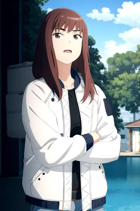 best quality, kiruko \(tengoku daimakyou\), crossed arms, white jacket, scenery, morning, masterpiece, <lora:TengokuDaimakyouV2:0.7>