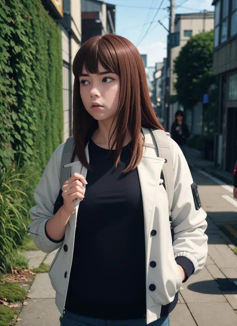 <lora:TengokuDaimakyouV2:0.6> KIRUKO \(TENGOKU DAIMAKYOU\), facing viewer, backpack
brown hair, white jacket, blue jeans, black shirt, bust portrait, (closed mouth:1.3), frowning,
(postapocalyptic japan, moss and foliage growing in the city:1.2)
film grain, 4k, RAW, (high detailed skin:1), 8k uhd, dslr, soft lighting,
(masterpiece), (best quality:1.4), absurdres, (intricate details:0.2)