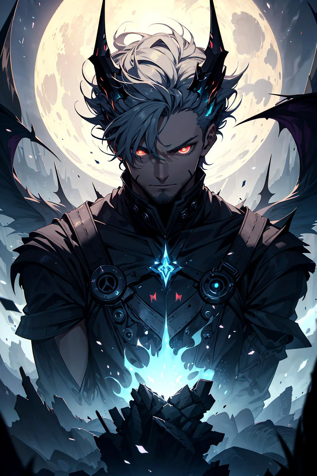 (realistic, cinematic digital artwork, masterpiece, colorful:1.3),
(1man, muscular adult male:1.2), hazel eyes, white hair, razor cut,
solo, upper body, looking at viewer, detailed background, detailed face, (<lora:HorrorBundleAI:0.4>, 1nf3rnalAI, infernal theme:1.1), large wide eyes, summoner, occultist, summoner garments, summoning, chanting, ritual, surrounded by dark symbols, necrotic power, floating particles, blue crackling magic energy, calling forth ghostly souls, eerie full moon background, updraft, dark glowing aura, ethereal atmosphere,
