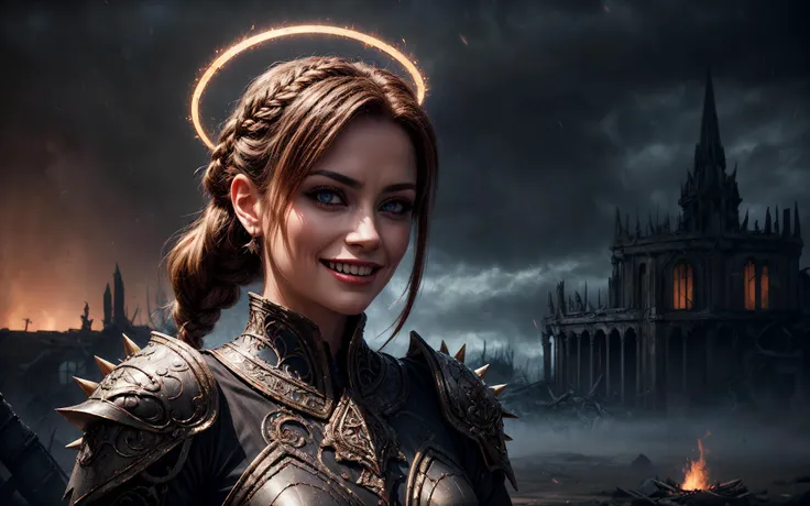 masterpiece, epic, majestic, best quality, very high resolution, 8k, hdr, digital photography, dynamic pose, divine 60 years old female Monaciello spellsword, pink eyes, (light brown hair, Straight Halo Braid:1.1), showing twisted expression, solo, establishing shot, detailed background, detailed face, (<lora:HorrorBundlev4:0.4>, 1nf3rnalAI, infernal theme:1.1), warlord, tormentor, malevolent grin, scarred, red clothes, spiked armor, evil black crown, mysterious floating particles, embers, monsters in background, dark ruins in background, misty dark atmosphere, black clouds, ,, (iridescent:0.7), (transparent:0.8), (translucid:0.8), (reflection:0.6), (refraction:0.3), (diffraction:0.3), (caustics:0.3), volumetric lights, volumetric shadows, (subsurface scatering:0.4), physically based rendering, (intricate details:1.3), hyperdetailed, ultrarealistic, (sharp focus:1.2) <lora:hyperdenoiser_v090:1.5> <lora:add_detail:1.5>