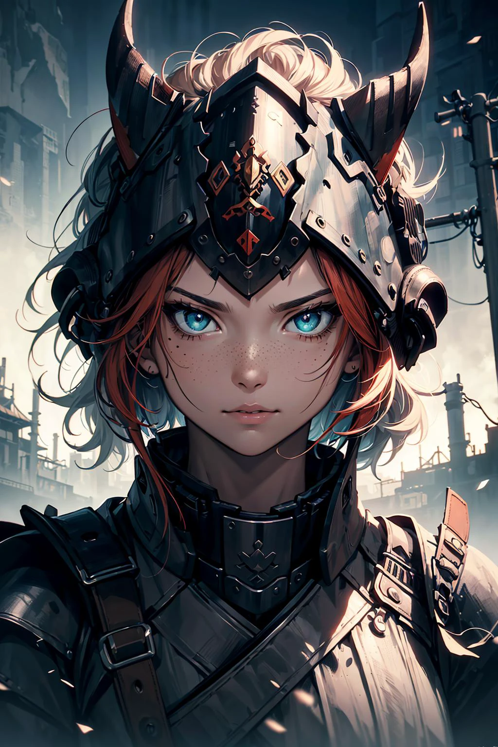 (realistic, cinematic digital artwork, masterpiece, colorful:1.3),
1 girl, adult icelandic woman, freckles, aquamarine eyes, white sleek hair,
solo, upper body, looking up, detailed background, detailed face, (<lora:HorrorBundleAI:0.4>, 1nf3rnalAI, infernal theme:1.1), samurai, yellow samurai armor, samurai helmet, calm, dojo in background, cinematic atmosphere,