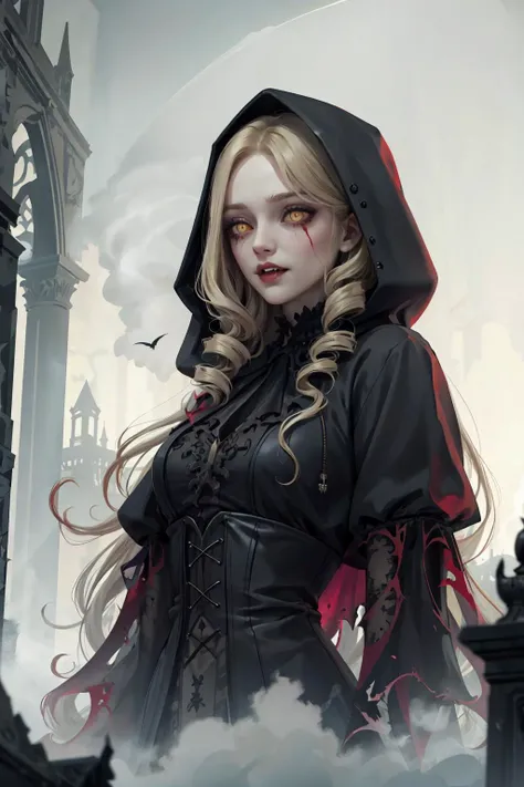 (masterpiece, best quality:1.2),
1 girl, adult ukrainian woman,  yellow eyes, natural blonde drill hair,
portrait, solo, (full body:0.6), looking down, detailed background, detailed face, (<lora:HorrorBundleAI:0.5>, gothichorrorai, gothic theme:1.1) vampire, glowing eyes, vampiric, pale skin, vampire fangs, tattered [dark:purple:5] clothes, hooded,   dark expression, blood stains,  supernatural abilities, otherworldly aura,   cobwebs, ruins in background,    fog,  gothic atmosphere,
