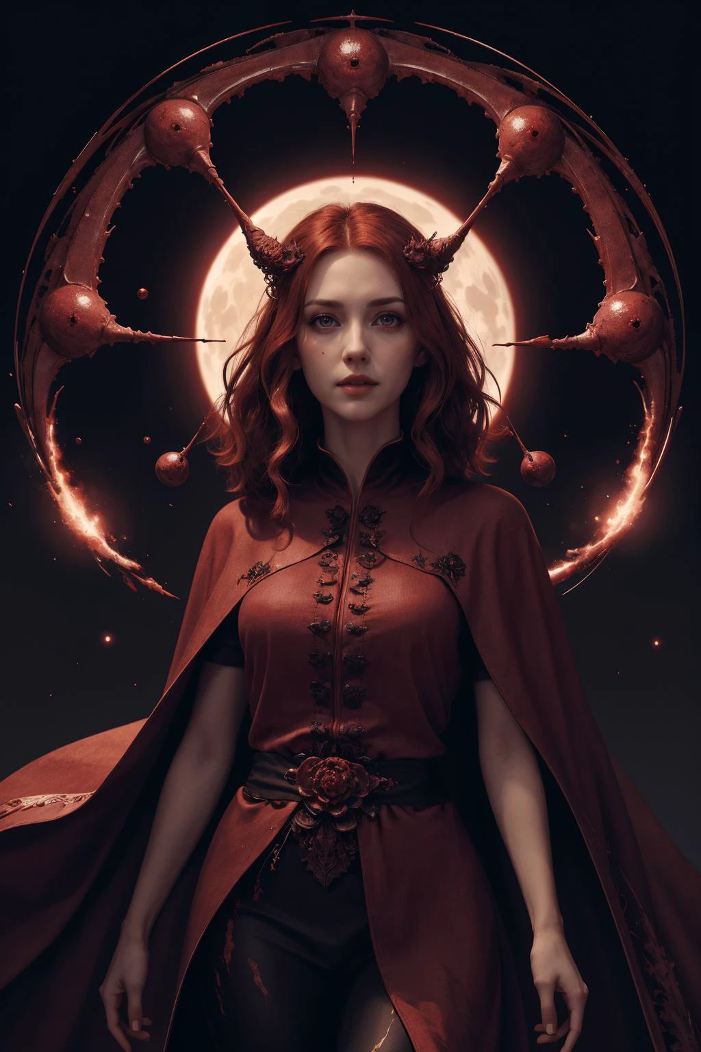 (masterpiece:1.1), (highest quality:1.1), HDR, extreme quality, cg, (negative space), detailed face+eyes, (fractal art), (bright colors), complimentary colors, limited palette, fine art,
1 girl, adult spanish woman, coral eyes, dark blonde wavy hair,
looking away, solo, (full body:0.6), detailed background, detailed face, (<lora:HorrorBundlev4:0.4>, 1nf3rnalAI, infernal theme:1.1), blood red eyes, pale complexion, scarlet hair, evil blood mage, red aristocratic robes, capelet, casting spell, red blood floating in the air, floating particles, blood droplets, hemomancy, levitating orb of blood, sacrificial altar, in background, surrounded by sanguine haze, nighttime, blodd moon, symmetrical composition, cinematic atmosphere,