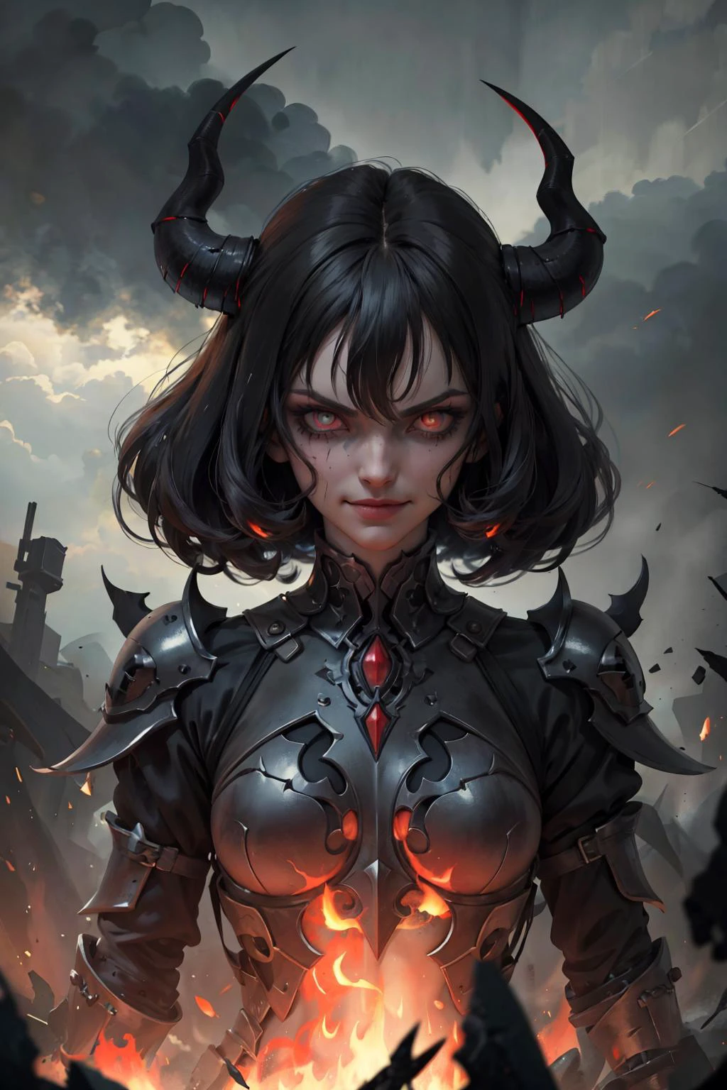 (masterpiece, best quality:1.2),
1 girl, adult czech woman, coral eyes, black messy hair,
portrait, solo, half shot, detailed background, detailed face, (<lora:HorrorBundleAI:0.4>, 1nf3rnalAI, infernal theme:1.1), (glowing eyes:1.05), sinister smirk, dark warrior, unholy, gray clothes, thorned armor, dynamic pose, floating particles, embers, spiders in background, black battlefield in background, shadowy dark sinister atmosphere, stormclouds,
scg, <lora:stylized3DModelLora_v20:0.2>,