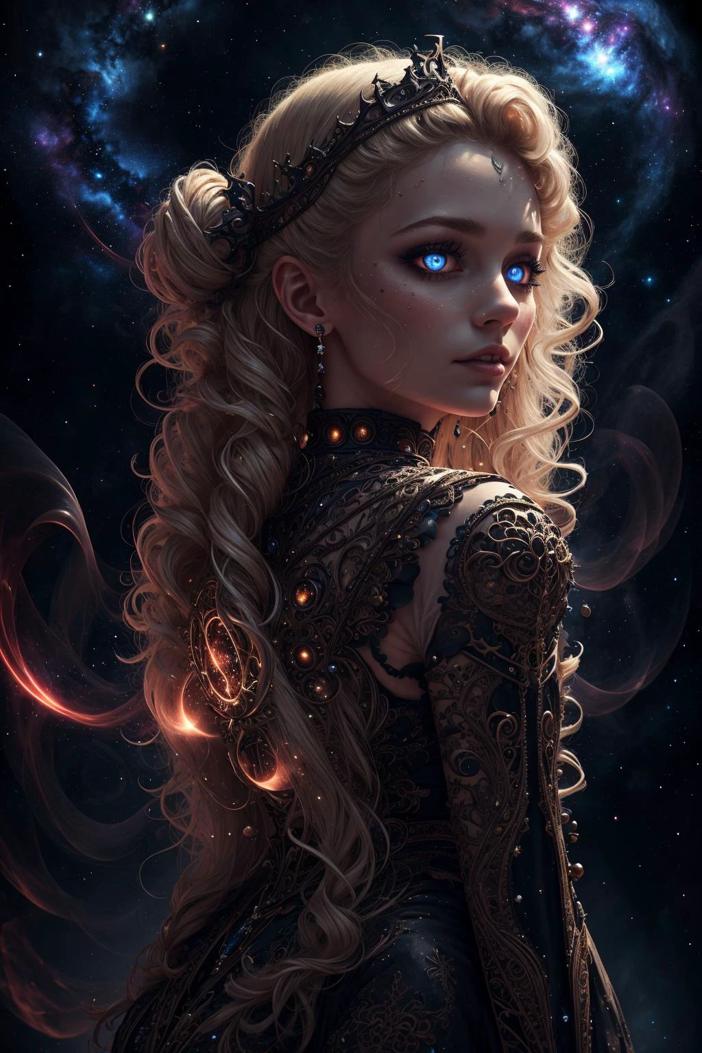photorealistic, 35mm, intricate details, hdr, intricate details, hyperdetailed, natural skin texture, hyperrealism, sharp,
1 girl, adult (elven:0.7) woman, silver eyes, medium blonde twin drills hair,
solo, upper body, looking at viewer, detailed background, detailed face, (<lora:HorrorBundleAI:0.5>, gothichorrorai, gothic theme:1.1) (glowing eyes:1.05), living star constellation, zodiac, horoscope, spiritual, virgo, patterns, astral energy, bright dark red lights, aura, floating particles, stardust, backlighting, cosmic space background, dreamlike ethereal atmosphere,