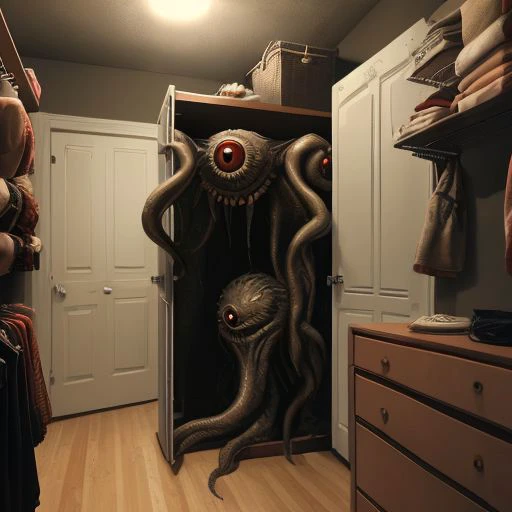 Score_8, score_9, (detailed), photorealistic style, open closet door, creature inside closet, manyeyedhorrorai, dim lighting, fleshy monster inside closet