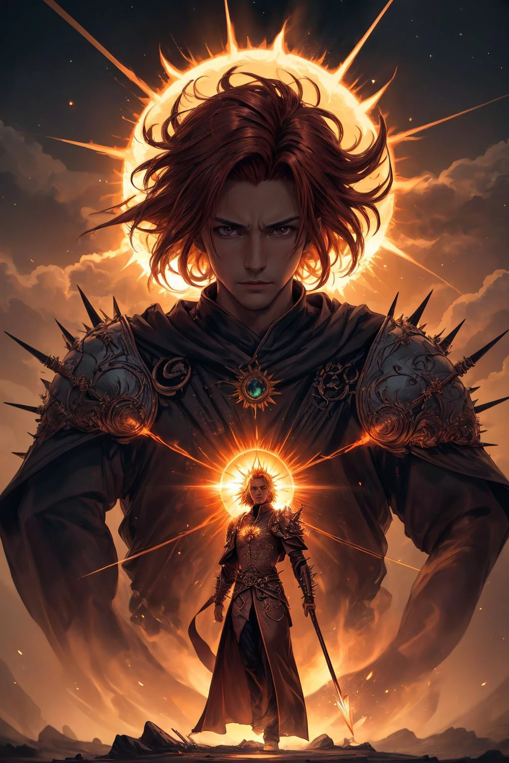(best quality, masterpiece), <lora:tangbohu-detailer_1.0:0.8>
(1man, masculine adult czech male:1.2), brown eyes, copper hair, spiky hair,
portrait, solo, (full body:0.6), looking down, detailed background, detailed face, (<lora:HorrorBundlev4:0.4>, 1nf3rnalAI, infernal theme:1.1), solar-wizard, bringer of the light, wearing embroidered yellow sorcerer robes, cosmic wisdom, enchanted gem of the sun, blazing spear of the sun, ,solar embrace, magical solar inscriptions, gigantic crscent sun in background, blinding sunlight, solar wind, ethereal atmosphere,