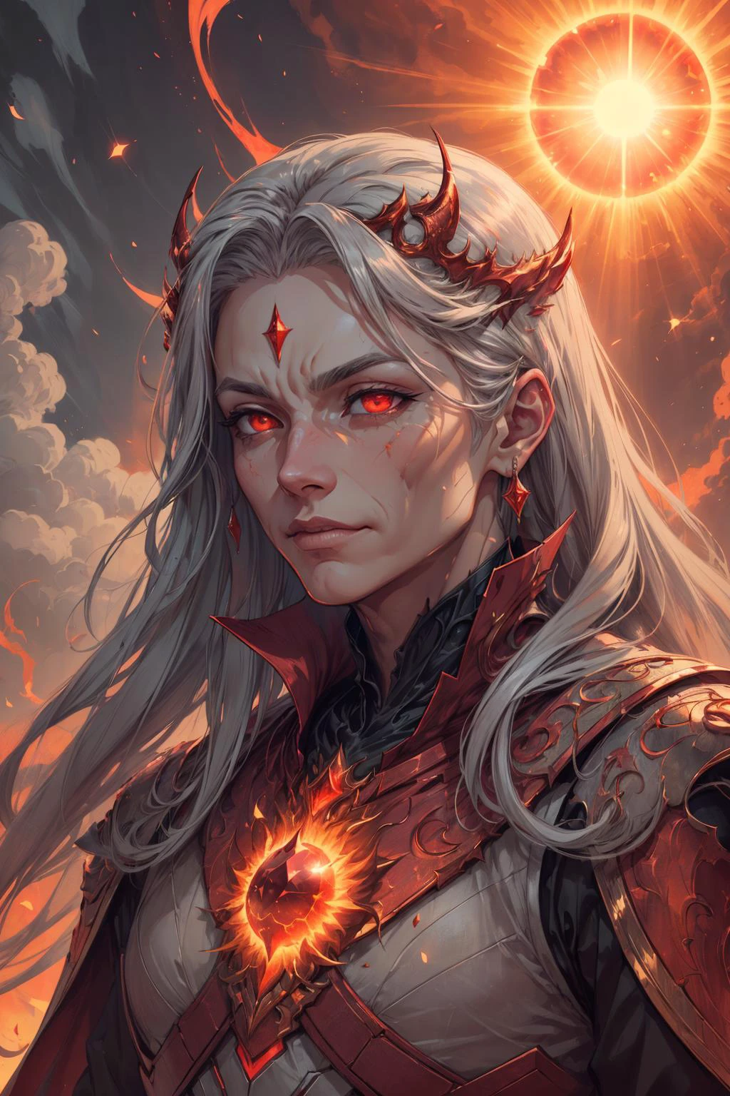 beautiful and detailed illustration, pop art, masterpiece, best quality, ultra-detailed, soft lighting, cinematic shot, vibrant colors, gorgeous colors, <lora:add_detail:0.3>, <lora:stylesqueeze_v2:0.5>,
(1man, wrinkled face, old male:1.2), wise, red eyes, gray hair, straight hair,
<lora:GoodHands-beta2:0.8>,
Style-GravityMagic, solo, upper body, looking away, detailed background, detailed face, (<lora:HorrorBundlev4:0.4>, 1nf3rnalAI, infernal theme:1.1), eyes alight with the power of the sun, solar-sorcerer, blessed by the sun, wearing intricate yellow-red wizard clothes, solar cloak, serene expression, solar jewel of the sun, sun worship, emanating, epic solar energy, supernova in background, solar reflections, clouds parting, ethereal atmosphere,
