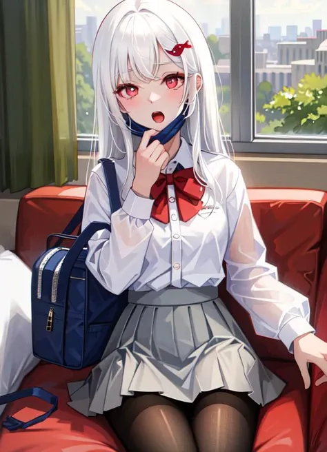 best quality, highres, absurdres, ultra-detailed, 1girl, solo, lookin at viewer, white hair with blue trim, red eyes, medium breasts , female focus, long hair, small hair ornament, (school uniform, (white shirt), (short skirt)), pantyhose, opened mouth, <lora:ConceptMaskPull_v1:1>