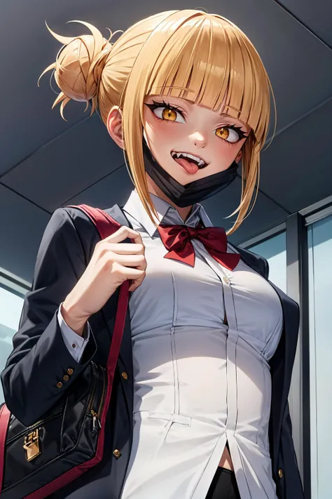 1girl,toga himiko,blonde hair,yellow eyes,short hair,masterpiece,best quality,highest quality,perfect anatomy,perfect face,perfect eyes,<lora:toga_himiko_v1:1>,<lora:MaskPullV1:1>,mask_pull,teasing,tongue out,evil smile,from below,pinpoint pupils,school uniform,red bowtie,(sharp teeth:0.9),crazy eyes,black mouth mask,shoulder bag,5 fingers,highres,<lora:more_details:0.5>,<lora:SDXLrender_v2.0:1>