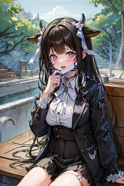 masterpiece,1girl, solo,
 <lora:MaskPullV1:1> ,long hair,school uniform,  <lora:kashino-000008:1>,cow horns, black hair, cleavage, blush