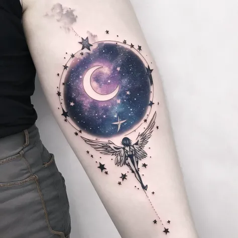 <lora:bodytattoo:1> , bodytattoo, tattoo of, arm tattoo, halo, highres, ice wings, magic circle, moon, night, sky, star, star \(sky\), starry sky, wings
