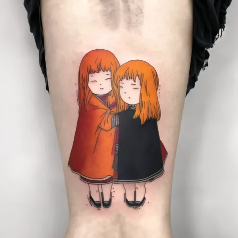 <lora:bodytattoo:1> , bodytattoo, tattoo of, arm tattoo, 2girls, blonde hair, cape, from above, hug, multiple girls, orange hair, siblings, sisters
