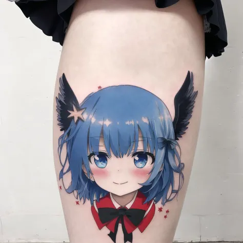<lora:bodytattoo:1> , bodytattoo, tattoo of, arm tattoo, 2girls, black legwear, blue eyes, blue hair, blush, bow, dress, hair bow, hammer and sickle, hat, highres, ice, ice wings, long hair, multiple girls, open mouth, personification, pleated skirt, ribbon, school uniform, short hair, silver hair, skirt, smile, star, text, thigh-highs, wings