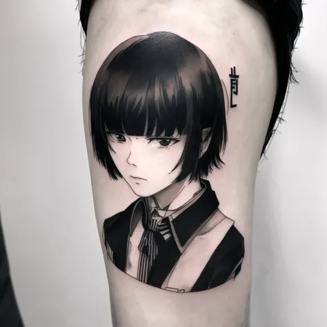 <lora:bodytattoo:1> , bodytattoo, tattoo of, arm tattoo, 1boy, ascot, asymmetrical bangs, bangs, black background, black hair, closed mouth, collar, collared shirt, dated, looking at viewer, male focus, shirt, short hair, simple background, solo, upper body, white shirt, yiqing \(yohare\)