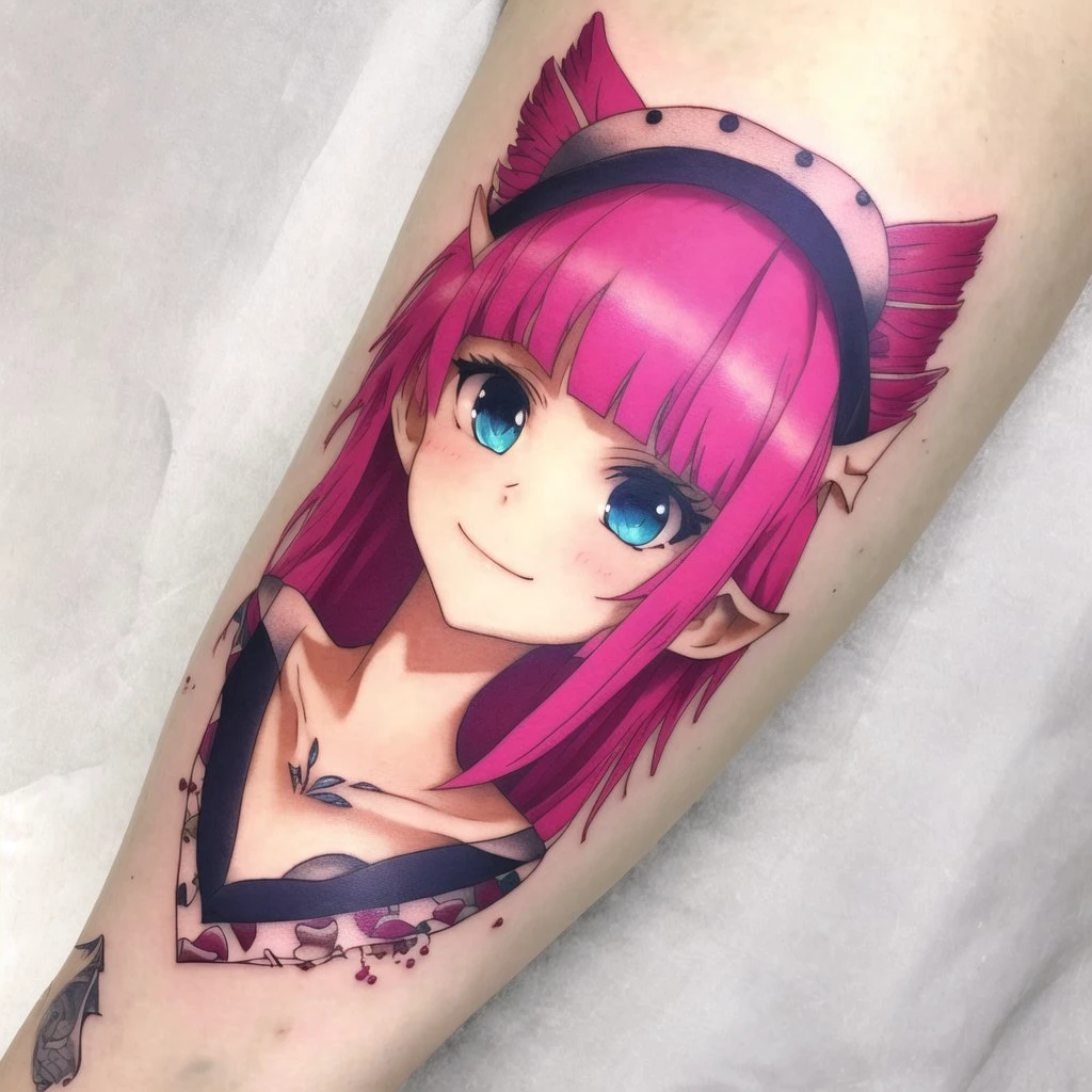 <lora:bodytattoo:1> , bodytattoo, tattoo of, arm tattoo, 1girl, bangs, blue eyes, breasts, drill hair, eyebrows visible through hair, hair between eyes, hat, holding cloth, large breasts, leaning forward, long hair, looking at viewer, mermaid, monster girl, nurse cap, pink hair, pointy ears, smile, solo, very long hair, webbed hands