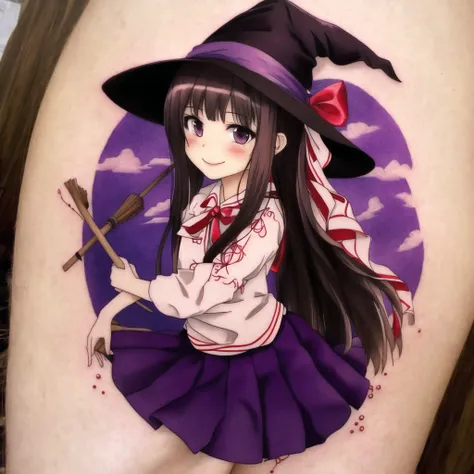 <lora:bodytattoo:1> , bodytattoo, tattoo of, arm tattoo, 1girl, :d, broom, brown eyes, hair ornament, hair ribbon, hat, long hair, open mouth, pleated skirt, purple hair, ribbon, riding, side ponytail, skirt, smile, solo, wind, witch hat