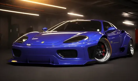 lbwk360modena sport car in a garage, cyberpunk, futuristic, octane, render, cgi, global illumination, vibrant colors, best quality, highly detailed