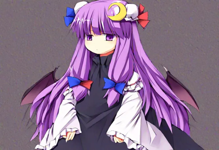 Patchouli Female Touhou, Patchouli wears a black dress with white sleeves. She has a small pair of black, bat-like wings on the sides of her head and long purple hair hair.